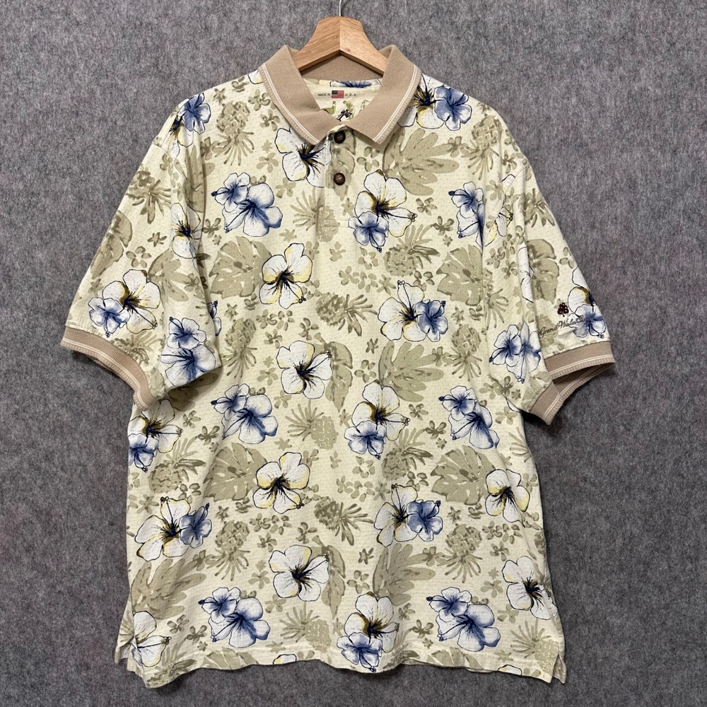 The Skins Game Polo Shirt Men XL‎ Beige Floral Golf Grand Wailea Resort USA Made